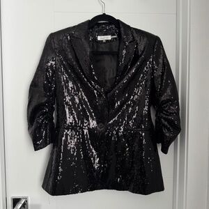Calvin Klein Black Sequined Blazer Jacket Suit Coat 3/4 Sleeve Ruched, Size XS